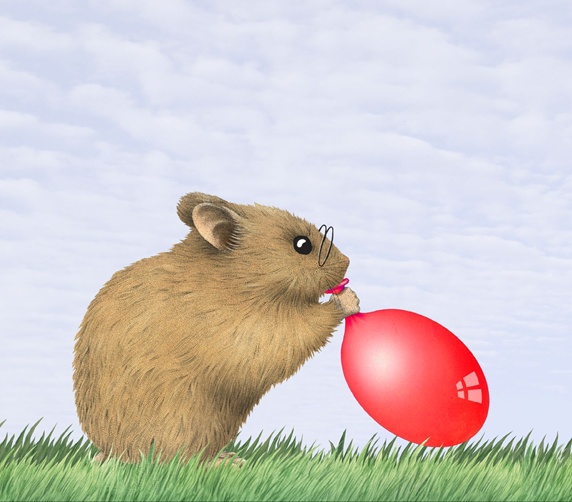 Hamster with big red balloon