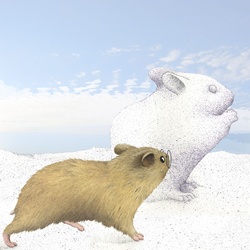 Illustration of mouse looking at sand sculpture of mouse