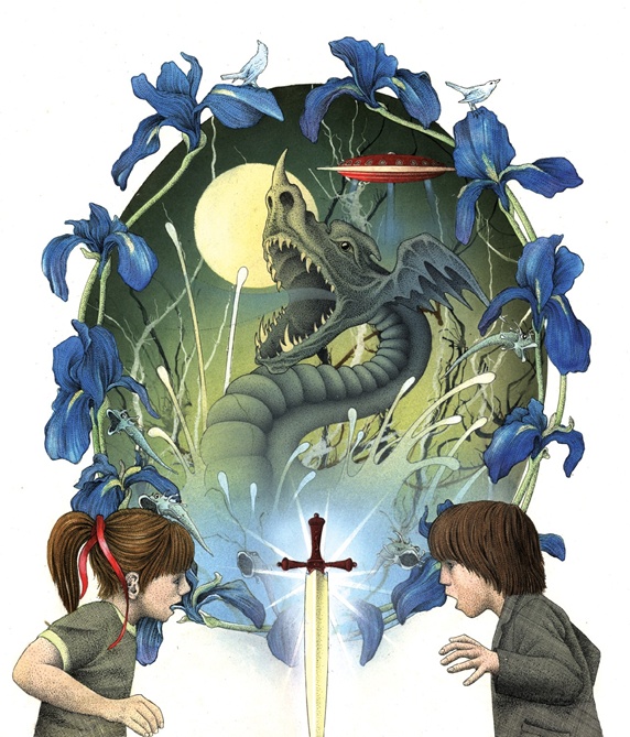 Children looking at magic sword, dragon in background