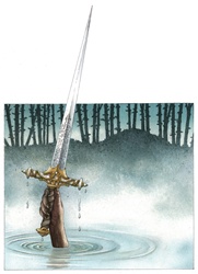 Person holding sword above water surface