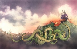 Sea monster following ship at sunset