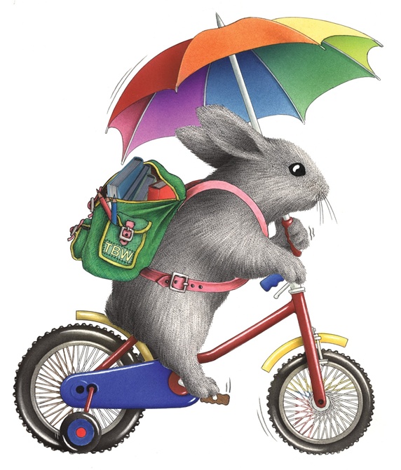 Rabbit with umbrella on bike