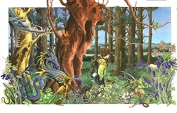 Boy walking in fantasy forest