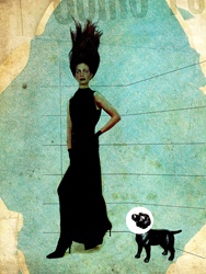 Woman in black dress and dog with cone