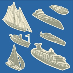 Assorted boats and ships on blue background