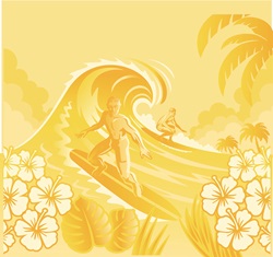Hawaiian style surfers on waves with tropical flowers in foreground