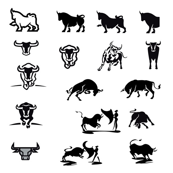 Bulls and bullfighters on white background