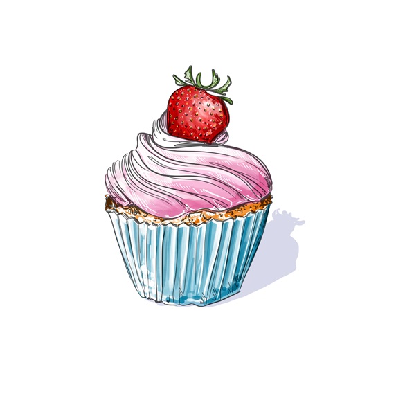 Cupcake with cream topped with strawberry on white background