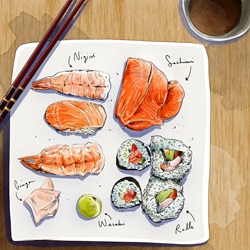 Elevated view of various sushi on square plate