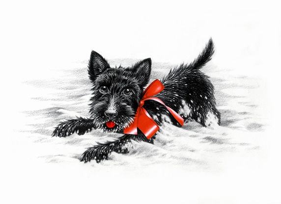 Cute black puppy with red bow