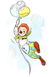 Clown flying on balloons