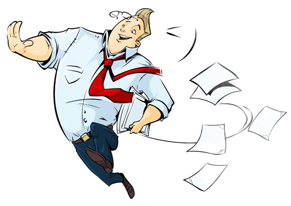 Smiling man running and losing papers from stack