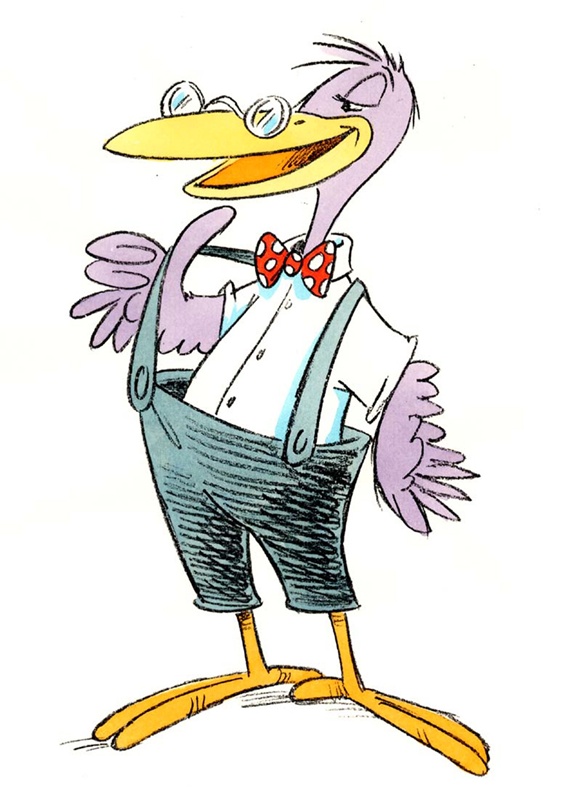 Smiling stork in pants and shirt