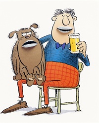 Man sitting on chair with dog on knees and drinking beer