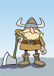 Viking with blonde beard leaning on axe