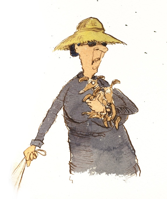 Old woman carrying two dogs on white background