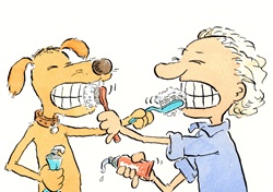 Boy and dog brushing each other teeth
