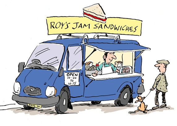 Man selling sandwiches from car and man with dog