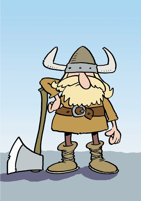 Viking with ax against blue sky