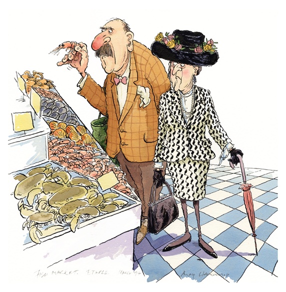 Mature man and senior woman buying seafood