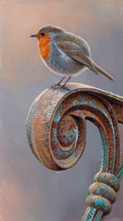 Robin redbreast perched on rusty armrest