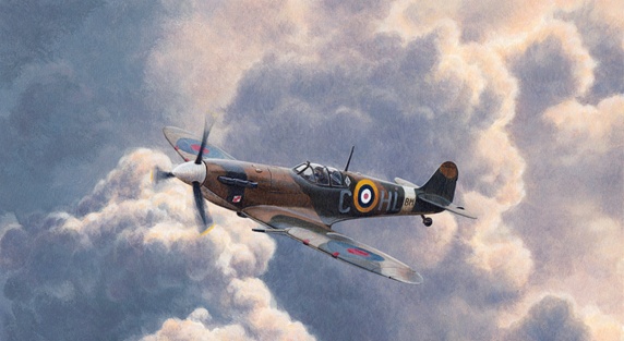 Spitfire plane flying in storm cloud