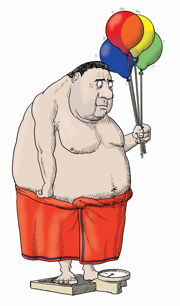 Overweight man standing on bathroom scales holding balloons