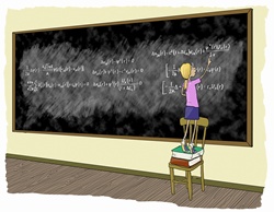 Little girl standing on chair doing complex mathematical formulae on blackboard