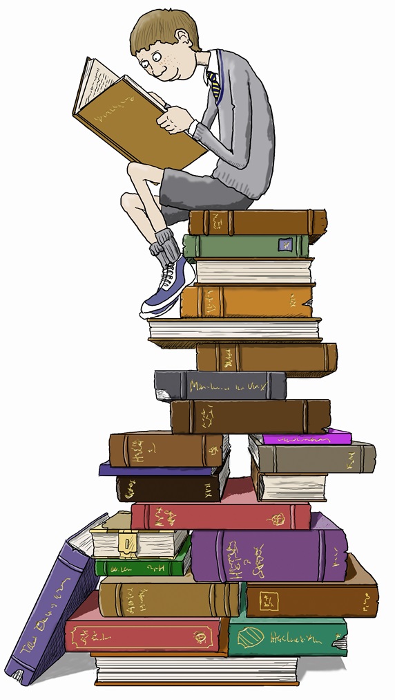 Schoolboy reading sitting on top of tall pile of books