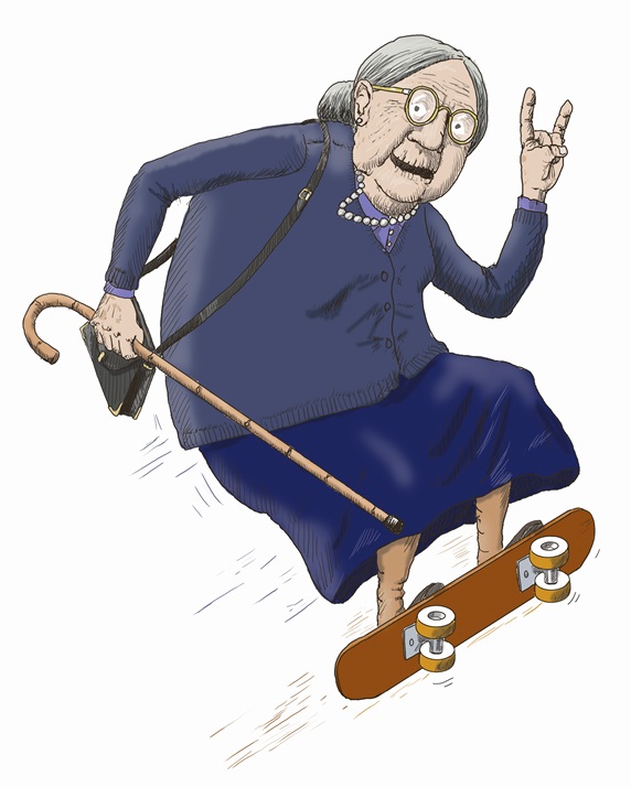 Elderly woman having fun skateboarding