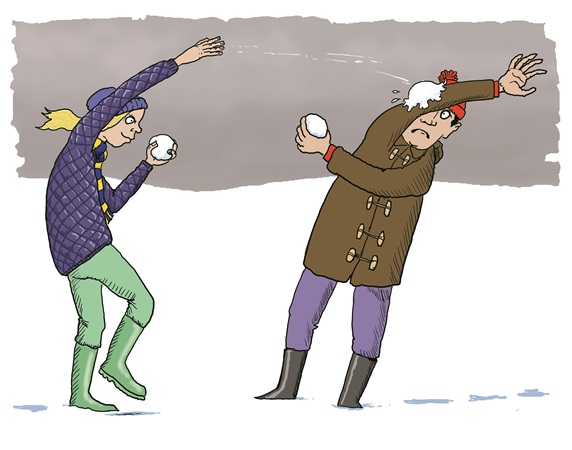 Man and woman having snow ball fight