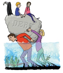 Family carrying heavy rock representing debt