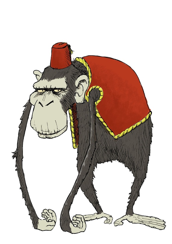 Grey sad monkey in red clothing, Turkish hat