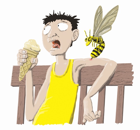 Man being stung by wasp while eating ice cream