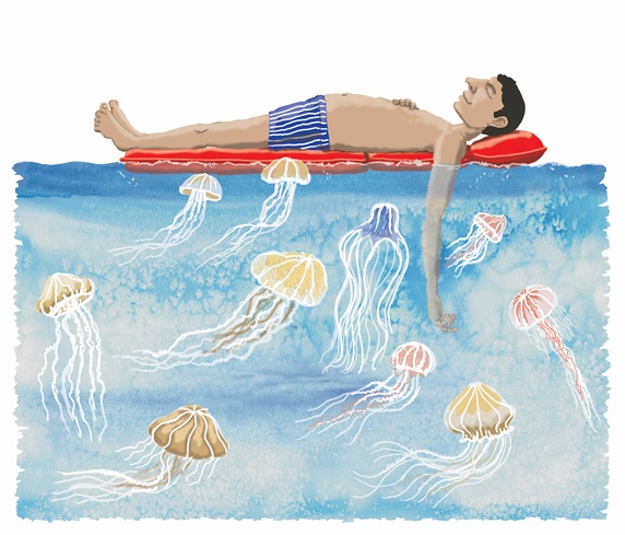 Man relaxing on air bed unaware of jellyfish danger
