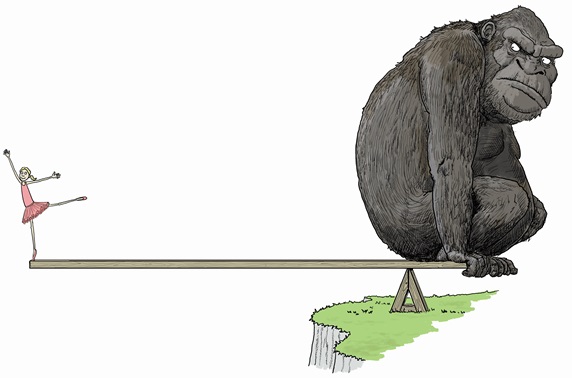 Seesaw with girl and gorilla on opposite sides