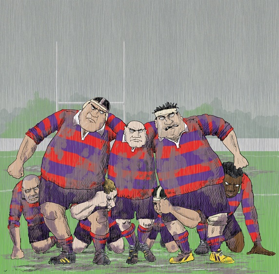 Snarling aggressive older rugby players forming scrum