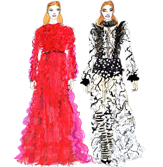 Two women wearing fashionable dresses