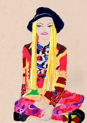 Portrait of young woman wearing colorful clothes and black hat