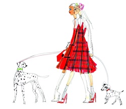Two young women walking with Dalmatian dogs