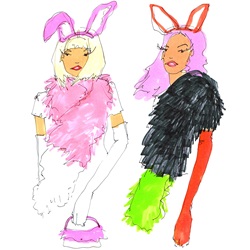 Two young women wearing costume rabbit ears