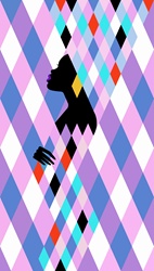 Woman emerging from geometric multicolored diamond shape pattern