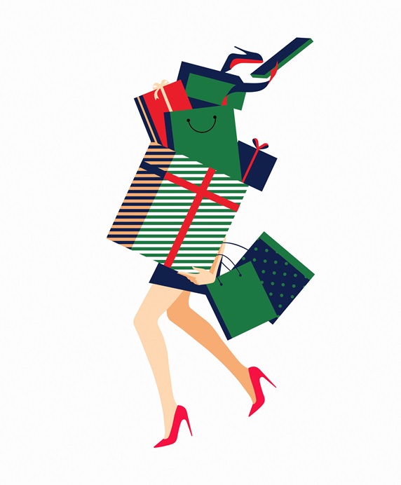 Woman carrying huge pile of shopping