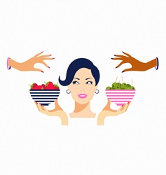 Woman serving choice of strawberries or olives
