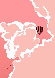 Hot air balloon floating in pink sky