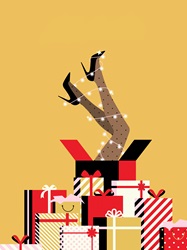 Pair of stockinged legs poking out of pile of gift parcels