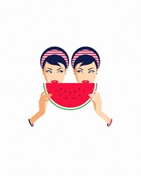 Twin women sharing slice of watermelon