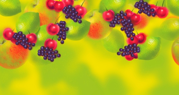 Colorful fruit pattern of apples, cherries, grapes and limes