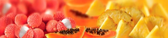 Close up of fresh litchis, papaya and slices of pineapple