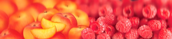 Close up of slices of fresh peaches and raspberries